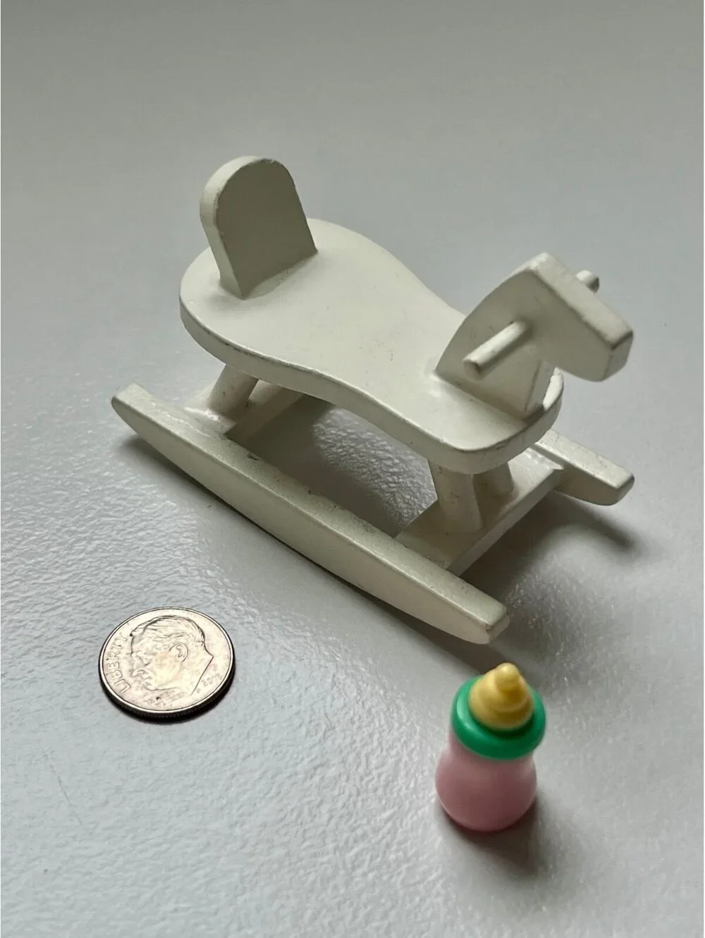 Miniature Dollhouse White Rocking Horse with Baby Bottle Scale 1:12